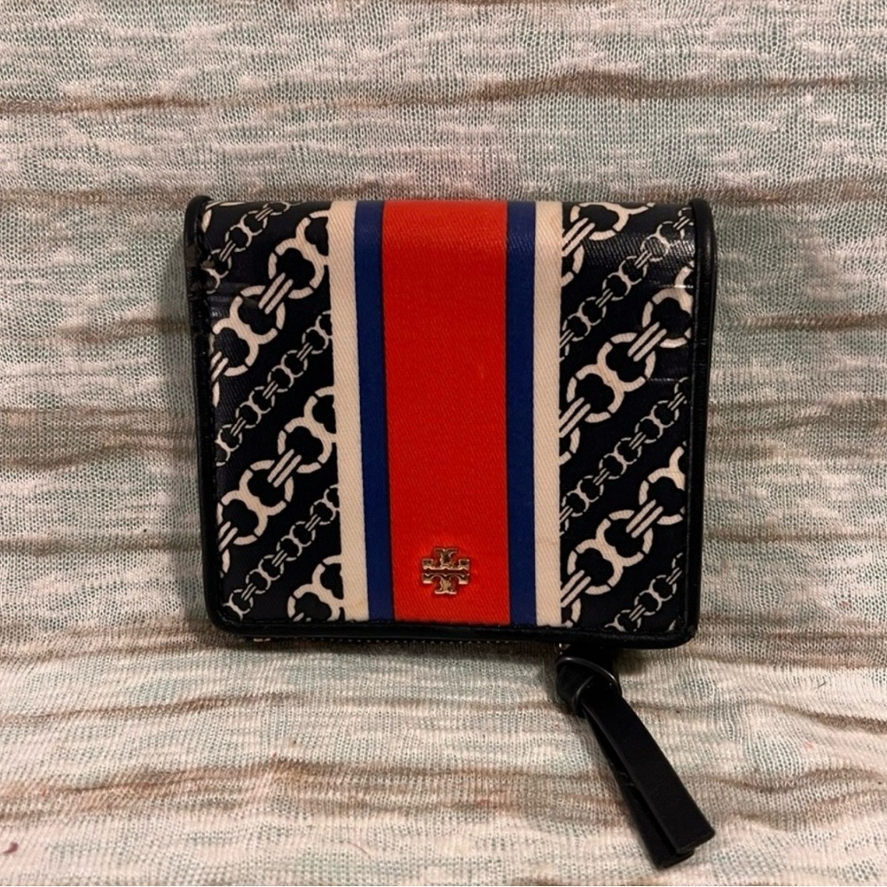 Tory Burch Black and Red Wallet with Monogram and Stripe Design
